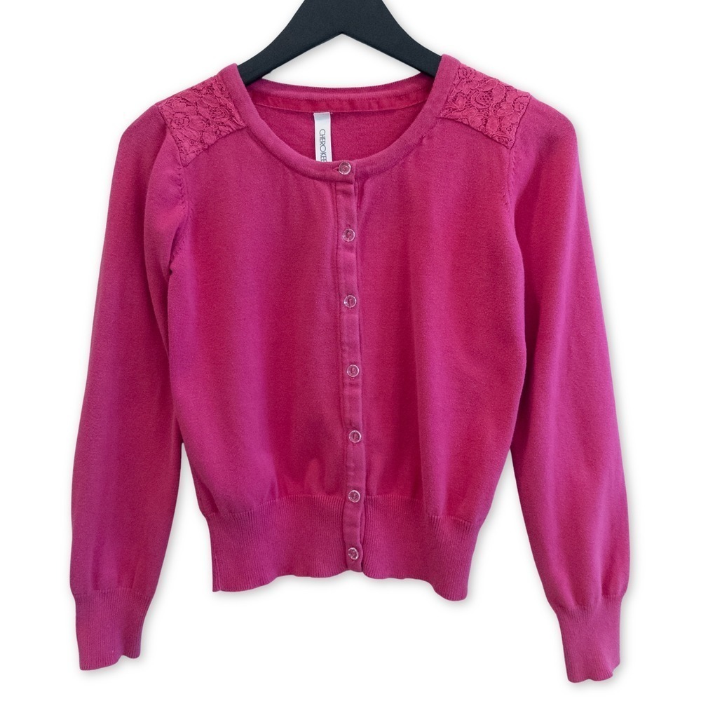 Cherokee Cardigan Sweater Girls‎ XL Pink Lace Shoulder Detail Twee Preppy Girly